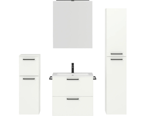 Badmöbel-Set NOBILIA Programm 2 BxHxT 140 x 169,1 x 48,7 cm Frontfarbe weiß matt mit Möbel-Waschtisch und Spiegelschrank 1-türig mit LED-Beleuchtung Unterschrank Midischrank Griff schwarz 192 Badezimmer Möbelset mit Waschtisch, Waschbecken, Spiegelschrank und Hochschrank