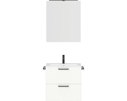 Badmöbel-Set NOBILIA Programm 2 BxHxT 61 x 169,1 x 48,7 cm Frontfarbe weiß matt Badmöbelset 2-teilig mit Waschtisch Mineralmarmor weiß und Waschtischunterschrank Mineralguss-Waschtisch Spiegelschrank mit LED-Beleuchtung