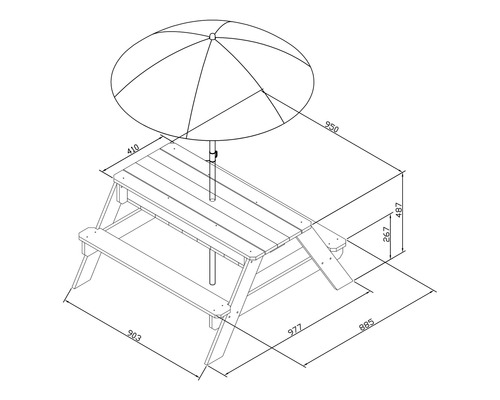 Technische Zeichnung eines Kindersitzgarnitur mit Sonnenschirm und Maßangaben