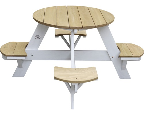 Runder Picknicktisch aus Holz mit weißem Gestell