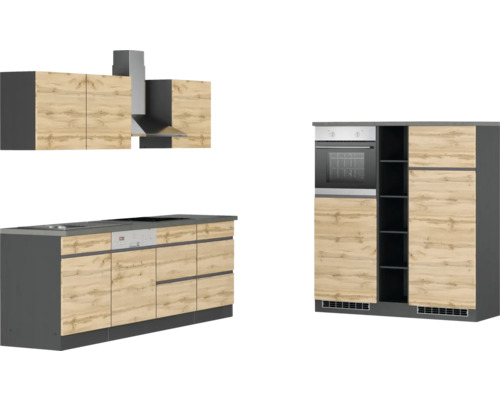 Moderne Küche mit Spüle, Kochfeld, Dunstabzugshaube und Backofen