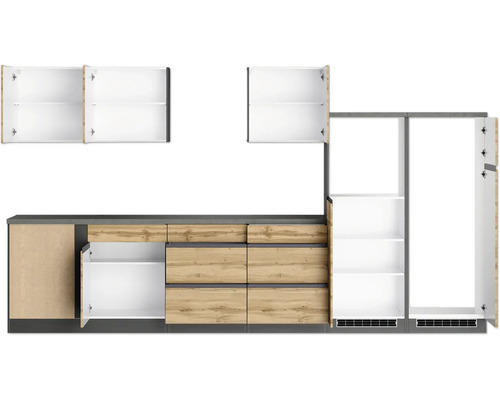 Küchenzeile mit Hänge- und Unterschränken sowie Schubladen