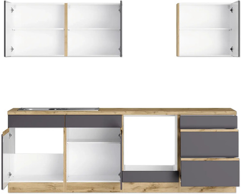 Küchenzeile mit Hängeschränken, Spüle und Schubladen