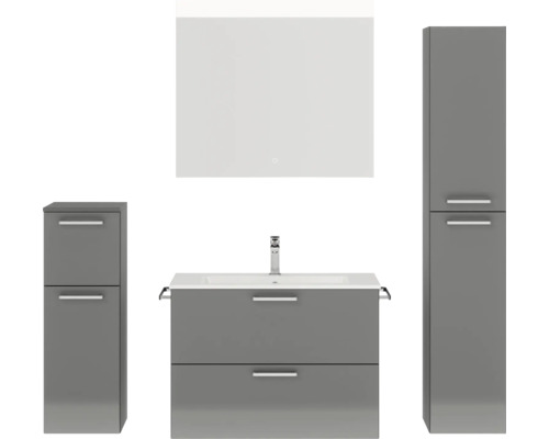 Badmöbel-Set NOBILIA Programm 2 BxHxT 160 x 169,1 x 48,7 cm Frontfarbe grau hochglanz mit Möbel-Waschtisch weiß und Spiegel mit LED-Beleuchtung Midischrank Unterschrank Griff chrom matt 229 Graues Badezimmer Set mit Waschtisch, Spiegelschrank und Hochschränken