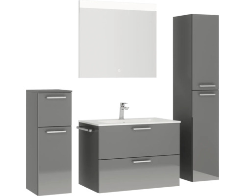 Badezimmermöbelset mit Waschbeckenunterschrank, Spiegelschrank und Hochschränken