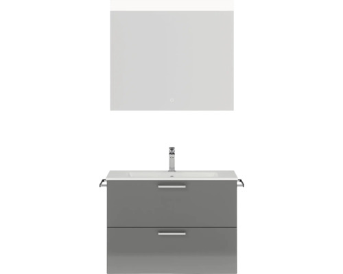 Badmöbel-Set NOBILIA Programm 2 BxHxT 81 x 169,1 x 48,7 cm Frontfarbe grau hochglanz mit Möbel-Waschtisch weiß und Spiegel mit LED-Beleuchtung Griff chrom matt 213