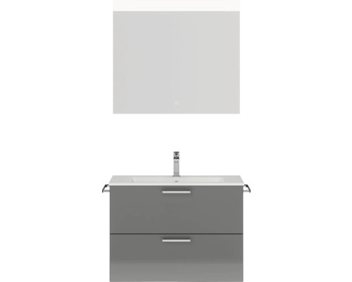 Badmöbel-Set NOBILIA Programm 2 BxHxT 81 x 169,1 x 48,7 cm Frontfarbe grau hochglanz mit Möbel-Waschtisch weiß und Spiegel mit LED-Beleuchtung Griff chrom matt 213 Badezimmerset mit Waschbeckenunterschrank, Waschbecken und Spiegel