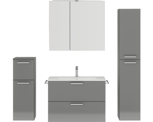 Badmöbel-Set NOBILIA Programm 2 BxHxT 160 x 169,1 x 48,7 cm Frontfarbe grau hochglanz mit Möbel-Waschtisch und Spiegelschrank 2-türig mit LED-Beleuchtung Unterschrank Midischrank Griff chrom matt 237 Graue Badezimmermöbel-Kombination mit Waschtischunterschrank, Waschbecken, Spiegelschrank und zwei Hochschränken