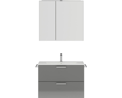 Badmöbel-Set NOBILIA Programm 2 BxHxT 81 x 169,1 x 48,7 cm Frontfarbe grau hochglanz mit Möbel-Waschtisch und Spiegelschrank 2-türig mit LED-Beleuchtung Griff chrom matt 221 Waschbeckenunterschrank mit zwei Schubladen, Aufsatzwaschbecken und Spiegelschrank für das Badezimmer