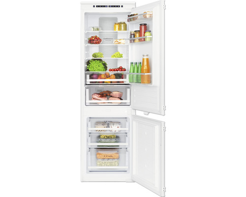 Einbau-Kühlgefrierkombination Amica EKGCS 387 950 BxHxT 54 x 177.6 x 55 cm Kühlteil 177 l Gefrierteil 64 l Geöffneter Kühlschrank mit Lebensmitteln