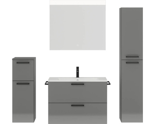 Badmöbel-Set NOBILIA Programm 2 BxHxT 160 x 169,1 x 48,7 cm Frontfarbe grau hochglanz mit Möbel-Waschtisch weiß und Spiegel mit LED-Beleuchtung Midischrank Unterschrank Griff schwarz 228