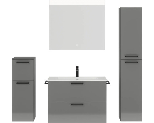 Badmöbel-Set NOBILIA Programm 2 BxHxT 160 x 169,1 x 48,7 cm Frontfarbe grau hochglanz mit Möbel-Waschtisch weiß und Spiegel mit LED-Beleuchtung Midischrank Unterschrank Griff schwarz 228 Badezimmerensemble mit Waschtisch, Spiegelschrank und Hochschränken