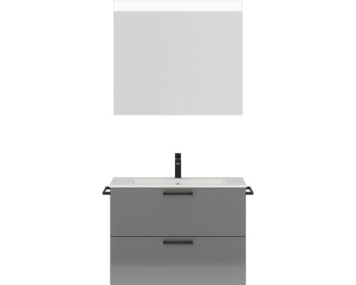 Badmöbel-Set NOBILIA Programm 2 BxHxT 81 x 169,1 x 48,7 cm Frontfarbe grau hochglanz mit Möbel-Waschtisch weiß und Spiegel mit LED-Beleuchtung Griff schwarz 212