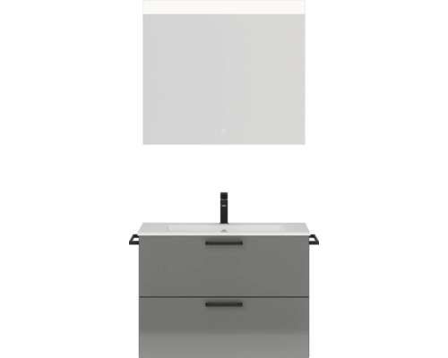Badmöbel-Set NOBILIA Programm 2 BxHxT 81 x 169,1 x 48,7 cm Frontfarbe grau hochglanz mit Möbel-Waschtisch weiß und Spiegel mit LED-Beleuchtung Griff schwarz 212 Waschtisch mit zwei Schubladen, Waschtischplatte, Armatur und Spiegel mit Beleuchtung