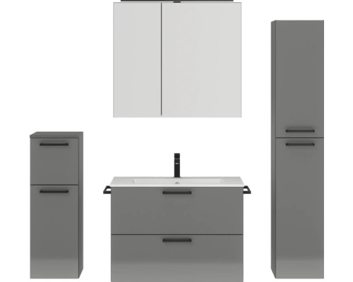 Badmöbel-Set NOBILIA Programm 2 BxHxT 160 x 169,1 x 48,7 cm Frontfarbe grau hochglanz mit Möbel-Waschtisch und Spiegelschrank 2-türig mit LED-Beleuchtung Unterschrank Midischrank Griff schwarz Badezimmer-Set mit Waschtisch, Waschbecken, Spiegelschrank und zwei Hochschränken