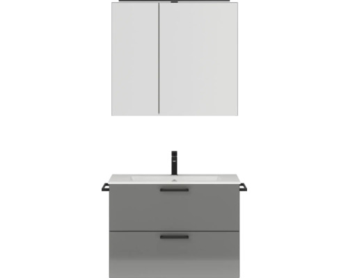 Badmöbel-Set NOBILIA Programm 2 BxHxT 81 x 169,1 x 48,7 cm Frontfarbe grau hochglanz mit Möbel-Waschtisch und Spiegelschrank 2-türig mit LED-Beleuchtung Griff schwarz 220 Waschtischunterschrank mit Waschbecken und Spiegelschrank für das Badezimmer