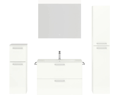 Badmöbel-Set NOBILIA Programm 2 BxHxT 160 x 169,1 x 48,7 cm Frontfarbe weiß hochglanz Badmöbelset 4-teilig mit Waschtisch Mineralmarmor weiß und Waschtischunterschrank Mineralguss-Waschtisch Spiegel mit LED-Beleuchtung 2 Wandschränke