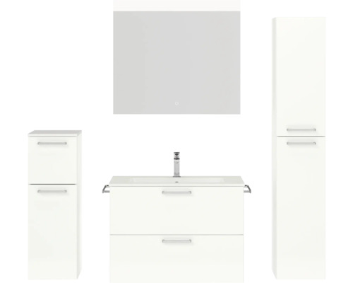 Badmöbel-Set NOBILIA Programm 2 BxHxT 160 x 169,1 x 48,7 cm Frontfarbe weiß hochglanz mit Möbel-Waschtisch weiß und Spiegel mit LED-Beleuchtung Midischrank Unterschrank Griff chrom matt 227 Badezimmergarnitur mit Waschbecken, Spiegel und Hochschrank