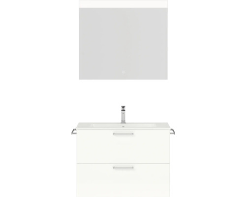 Badmöbel-Set NOBILIA Programm 2 BxHxT 81 x 169,1 x 48,7 cm Frontfarbe weiß hochglanz mit Möbel-Waschtisch weiß und Spiegel mit LED-Beleuchtung Griff chrom matt 211 Badezimmer mit Waschbeckenunterschrank, Armatur und Spiegel