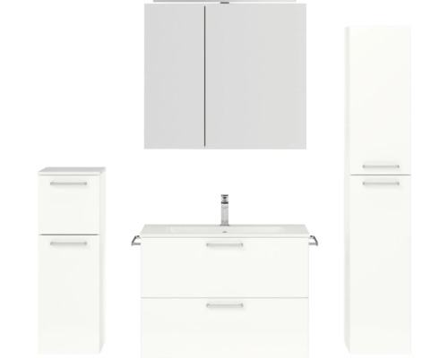 Badmöbel-Set NOBILIA Programm 2 BxHxT 160 x 169,1 x 48,7 cm Frontfarbe weiß hochglanz mit Möbel-Waschtisch und Spiegelschrank 2-türig mit LED-Beleuchtung Unterschrank Midischrank Griff chrom matt 235 Badezimmer-Set mit Waschtisch, Spiegelschrank und zwei Hochschränken