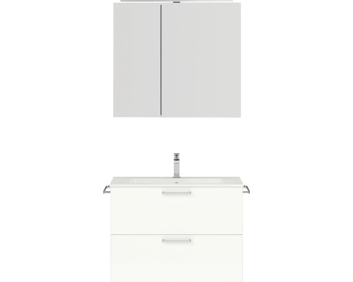 Badmöbel-Set NOBILIA Programm 2 BxHxT 81 x 169,1 x 48,7 cm Frontfarbe weiß hochglanz Badmöbelset 2-teilig mit Waschtisch Mineralmarmor weiß und Waschtischunterschrank Mineralguss-Waschtisch Spiegelschrank mit LED-Beleuchtung