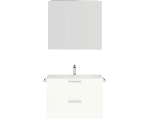 Badmöbel-Set NOBILIA Programm 2 BxHxT 81 x 169,1 x 48,7 cm Frontfarbe weiß hochglanz mit Möbel-Waschtisch und Spiegelschrank 2-türig mit LED-Beleuchtung Griff chrom matt 219 Weißer Waschtischunterschrank mit zwei Schubladen und Spiegelschrank für das Badezimmer