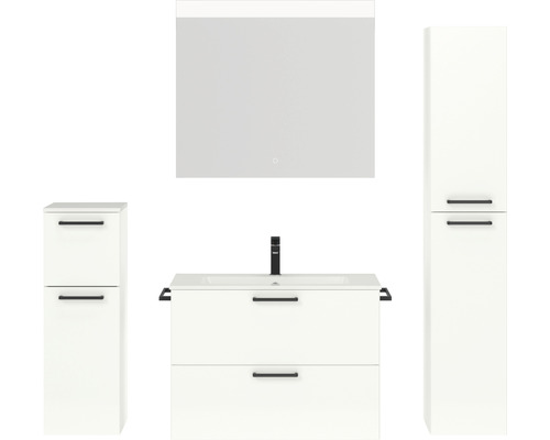 Badmöbel-Set NOBILIA Programm 2 BxHxT 160 x 169,1 x 48,7 cm Frontfarbe weiß hochglanz mit Möbel-Waschtisch weiß und Spiegel mit LED-Beleuchtung Midischrank Unterschrank Griff schwarz 226 Weißes Badezimmerset mit Waschtisch, Spiegelschrank und Hochschrank