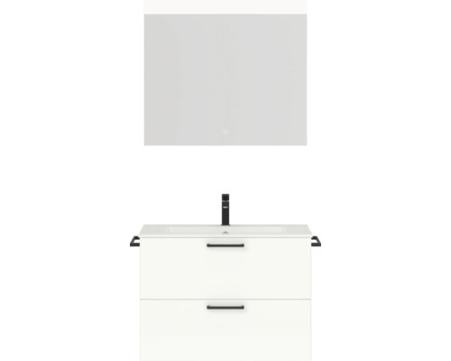 Badmöbel-Set NOBILIA Programm 2 BxHxT 81 x 169,1 x 48,7 cm Frontfarbe weiß hochglanz mit Möbel-Waschtisch weiß und Spiegel mit LED-Beleuchtung Griff schwarz 210