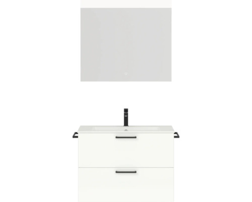 Badmöbel-Set NOBILIA Programm 2 BxHxT 81 x 169,1 x 48,7 cm Frontfarbe weiß hochglanz mit Möbel-Waschtisch weiß und Spiegel mit LED-Beleuchtung Griff schwarz 210 Badezimmer Waschtischkombination mit Spiegel und zwei Schubladen