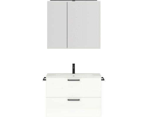 Badmöbel-Set NOBILIA Programm 2 BxHxT 81 x 169,1 x 48,7 cm Frontfarbe weiß hochglanz mit Möbel-Waschtisch und Spiegelschrank 2-türig mit LED-Beleuchtung Griff schwarz 218 Waschtischkombination mit Spiegelschrank im Badezimmer