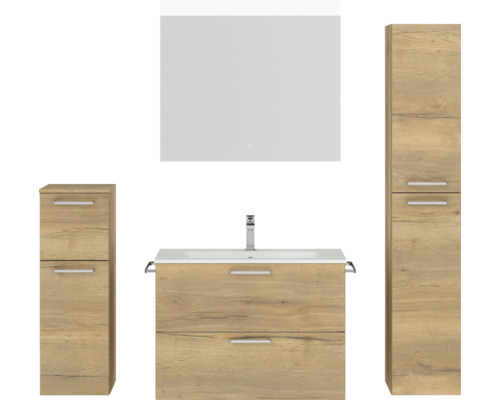 Badmöbel-Set NOBILIA Programm 2 BxHxT 160 x 169,1 x 48,7 cm Frontfarbe eiche natur mit Möbel-Waschtisch weiß und Spiegel mit LED-Beleuchtung Midischrank Unterschrank Griff chrom matt 231 Badezimmer-Set mit Waschtisch, Spiegelschrank und zwei Hochschränken