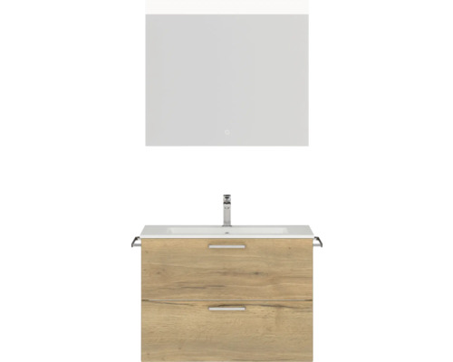 Badmöbel-Set NOBILIA Programm 2 BxHxT 81 x 169,1 x 48,7 cm Frontfarbe eiche natur mit Möbel-Waschtisch weiß und Spiegel mit LED-Beleuchtung Griff chrom matt 215 Waschtischkombination mit Spiegel für das Badezimmer