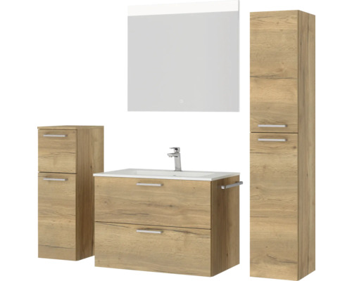 Badezimmer Set mit Waschtisch, Spiegel, Unterschrank und Hochschrank im Holzdesign