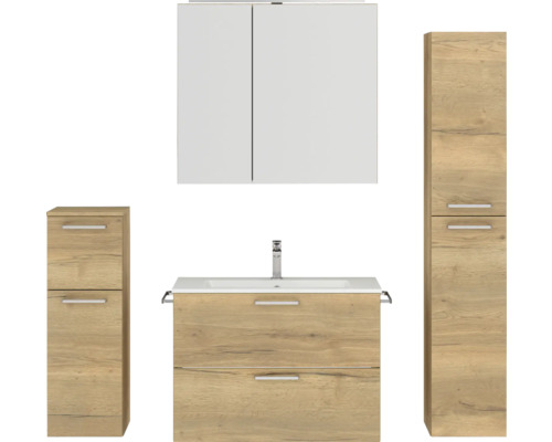 Badmöbel-Set NOBILIA Programm 2 BxHxT 160 x 169,1 x 48,7 cm Frontfarbe eiche natur mit Möbel-Waschtisch und Spiegelschrank 2-türig mit LED-Beleuchtung Unterschrank Midischrank Griff chrom matt 239 Badezimmermöbel-Set mit Waschtischunterschrank, Spiegelschrank und zwei Hochschränken