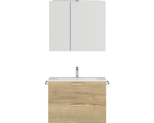 Badmöbel-Set NOBILIA Programm 2 BxHxT 81 x 169,1 x 48,7 cm Frontfarbe eiche natur mit Möbel-Waschtisch und Spiegelschrank 2-türig mit LED-Beleuchtung Griff chrom matt 223 Badezimmer Waschbeckenunterschrank mit Waschbecken und Spiegelschrank