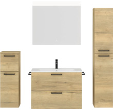 Badmöbel-Set NOBILIA Programm 2 BxHxT 160 x 169,1 x 48,7 cm Frontfarbe eiche natur mit Möbel-Waschtisch weiß und Spiegel mit LED-Beleuchtung Midischrank Unterschrank Griff schwarz 230