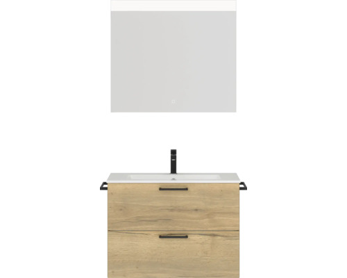 Badmöbel-Set NOBILIA Programm 2 BxHxT 81 x 169,1 x 48,7 cm Frontfarbe eiche natur mit Möbel-Waschtisch weiß und Spiegel mit LED-Beleuchtung Griff schwarz 214
