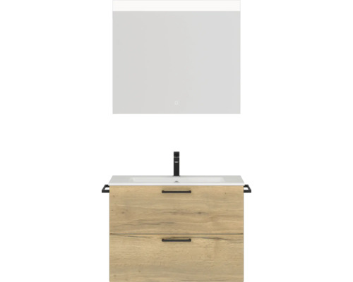 Badmöbel-Set NOBILIA Programm 2 BxHxT 81 x 169,1 x 48,7 cm Frontfarbe eiche natur mit Möbel-Waschtisch weiß und Spiegel mit LED-Beleuchtung Griff schwarz 214 Waschtischkombination mit Spiegel für das Badezimmer