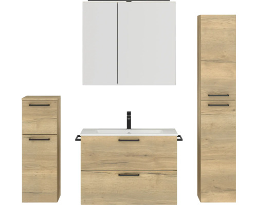 Badmöbel-Set NOBILIA Programm 2 BxHxT 160 x 169,1 x 48,7 cm Frontfarbe eiche natur mit Möbel-Waschtisch und Spiegelschrank 2-türig mit LED-Beleuchtung Unterschrank Midischrank Griff schwarz Badezimmer-Set mit Waschtisch, Spiegelschrank und Hochschränken