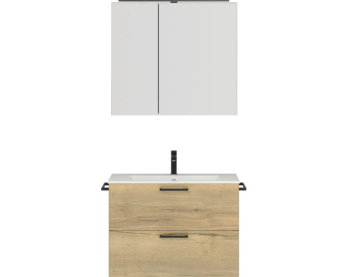 Badmöbel-Set NOBILIA Programm 2 BxHxT 81 x 169,1 x 48,7 cm Frontfarbe eiche natur mit Möbel-Waschtisch und Spiegelschrank 2-türig mit LED-Beleuchtung Griff schwarz 222 Badezimmermöbel-Set mit Waschtischunterschrank, Waschbecken und Spiegelschrank