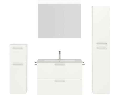 Badmöbel-Set NOBILIA Programm 2 BxHxT 160 x 169,1 x 48,7 cm Frontfarbe weiß matt mit Möbel-Waschtisch weiß und Spiegel mit LED-Beleuchtung Midischrank Unterschrank Griff chrom matt 225