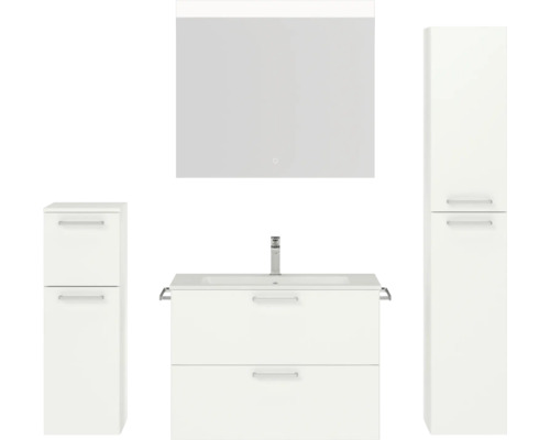 Badmöbel-Set NOBILIA Programm 2 BxHxT 160 x 169,1 x 48,7 cm Frontfarbe weiß matt mit Möbel-Waschtisch weiß und Spiegel mit LED-Beleuchtung Midischrank Unterschrank Griff chrom matt 225 Weißes Badezimmer-Set mit Waschbeckenunterschrank, Spiegelschrank und zwei Hochschränken