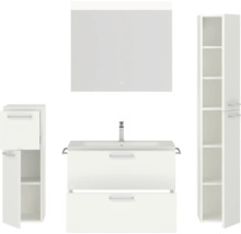 Modernes Badezimmerset mit Waschbeckenunterschrank, Spiegelschrank und Hochschrank für zusätzlichen Stauraum