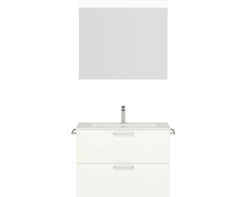 Badmöbel-Set NOBILIA Programm 2 BxHxT 81 x 169,1 x 48,7 cm Frontfarbe weiß matt mit Möbel-Waschtisch weiß und Spiegel mit LED-Beleuchtung Griff chrom matt 209 Waschtisch mit zwei Schubladen, Waschbecken und Spiegel