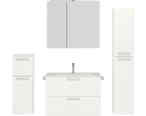 Badmöbel-Set NOBILIA Programm 2 BxHxT 160 x 169,1 x 48,7 cm Frontfarbe weiß matt mit Möbel-Waschtisch und Spiegelschrank 2-türig mit LED-Beleuchtung Unterschrank Midischrank Griff chrom matt 233 Badezimmer-Set mit Waschtisch, Waschbecken, Spiegelschrank und Hochschränken