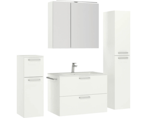 Badezimmer Set mit Waschtischunterschrank, Waschbecken, Spiegelschrank und Hochschränken