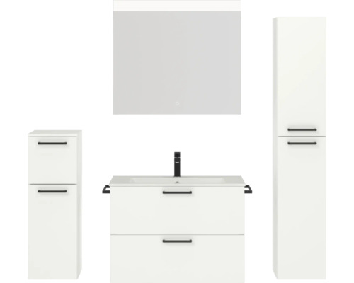 Badmöbel-Set NOBILIA Programm 2 BxHxT 160 x 169,1 x 48,7 cm Frontfarbe weiß matt mit Möbel-Waschtisch weiß und Spiegel mit LED-Beleuchtung Midischrank Unterschrank Griff schwarz 224
