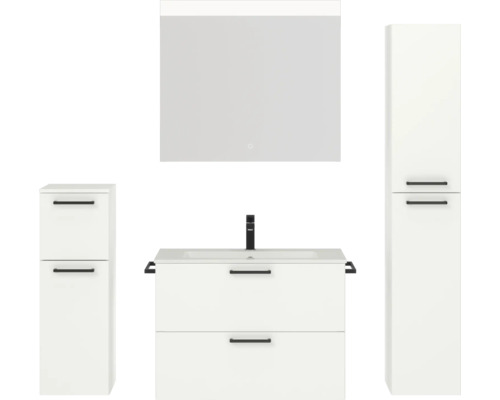 Badmöbel-Set NOBILIA Programm 2 BxHxT 160 x 169,1 x 48,7 cm Frontfarbe weiß matt mit Möbel-Waschtisch weiß und Spiegel mit LED-Beleuchtung Midischrank Unterschrank Griff schwarz 224 Badezimmer-Set mit Waschtischunterschrank, Waschbecken, Spiegelschrank und Hochschränken