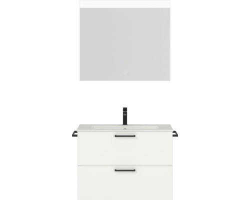 Badmöbel-Set NOBILIA Programm 2 BxHxT 81 x 169,1 x 48,7 cm Frontfarbe weiß matt mit Möbel-Waschtisch weiß und Spiegel mit LED-Beleuchtung Griff schwarz 208