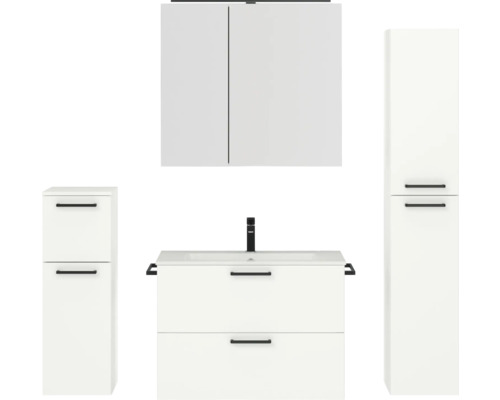 Badmöbel-Set NOBILIA Programm 2 BxHxT 160 x 169,1 x 48,7 cm Frontfarbe weiß matt mit Möbel-Waschtisch und Spiegelschrank 2-türig mit LED-Beleuchtung Unterschrank Midischrank Griff schwarz Komplettes Badezimmermöbelset mit Waschbeckenunterschrank, Waschbecken, Spiegelschrank und zwei Hochschränken
